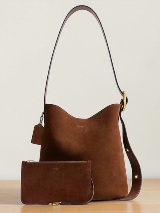 Coach Handbags - Coach Bleecker Suede Shoulder bucket bag brass warm brown